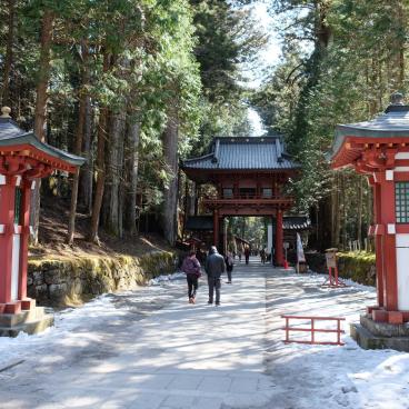 Nikko, allée de cèdres et porte Romon vers l'entrée du Toshogu depuis le sanctuaire Futarasan