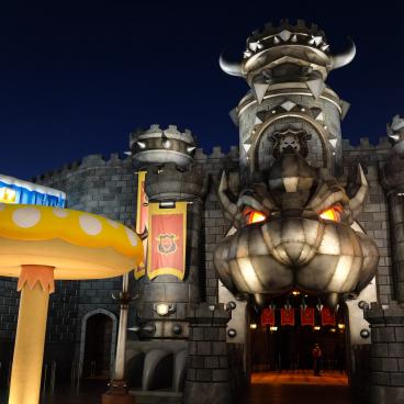 Super Nintendo World (USJ, Osaka), vue de nuit de la forteresse de Bowser