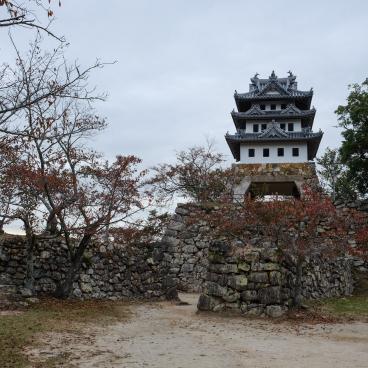 Château de Sumoto (Awaji), donjon reconstruit et cerisiers en automne