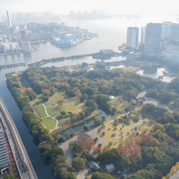 Caretta Shiodome (Tokyo), observatoire Dentsu et vue sur le jardin Hama-rikyu