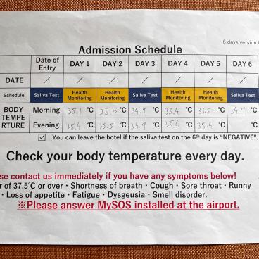 Quarantaine au Japon en période de Coronavirus, suivi papier de la mesure de température corporelle