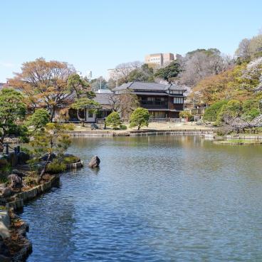 Jardin de Shin-Edogawa (Tokyo), vue sur le plan d'eau et la maison Shoseikaku