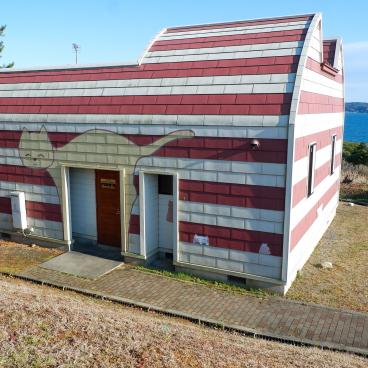 Tashirojima (Ishinomaki), maison en forme de chat au camping Manga Island 