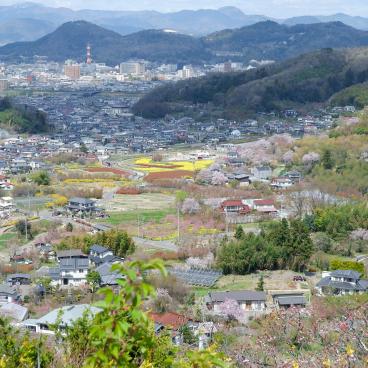 Parc Hanamiyama (Fukushima), panorama sur la vallée fleurie au printemps 2