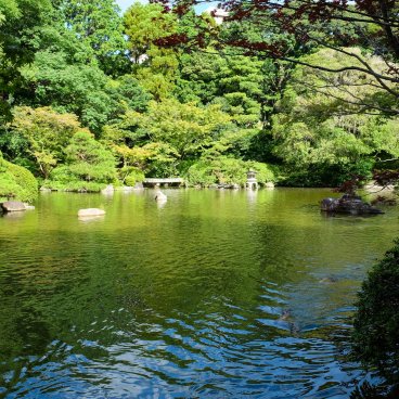Parc Yusentei (Fukuoka), vue sur le plan d'eau du jardin en été 3