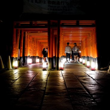 Fushimi Inari Taisha à Kyoto, Couloir de torii éclairé par des lanternes 3