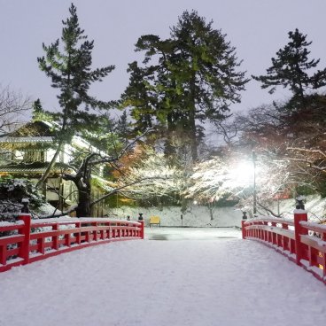 Hirosaki (Aomori), pont Sugi-no-Ohashi et porte Minamiuchi-mon dans le parc du château