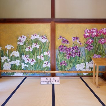 Shibamata (Katsushika, Tokyo), iris peints dans la maison de thé Yamamoto-tei