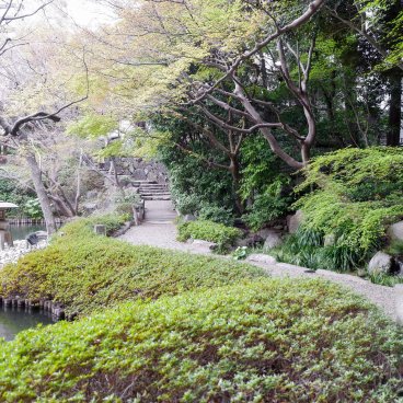 Happo-en (Tokyo), plan d'eau du jardin japonais au début du printemps
