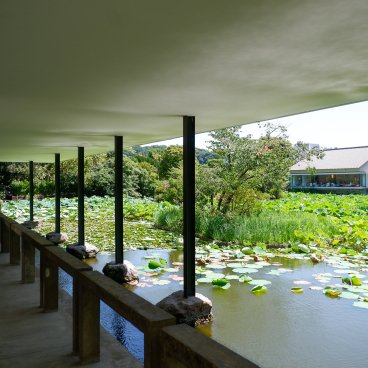 Tsurugaoka Hachiman-gu (Kamakura), vue sur l'étang Heike depuis le musée Bunkakan Tsurugaoka