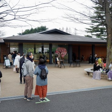 Starbucks Shinjuku Gyoen (Tokyo), file d'attente devant l'entrée du café en période de sakura