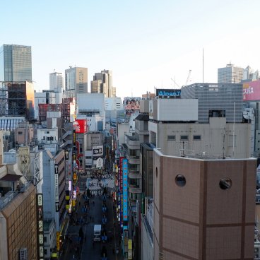 Statue de la tête de Godzilla (Kabukicho, Shinjuku à Tokyo), vue sur la rue Kabukicho Central Road depuis le Café Terrace Bonjour de l'hôtel Gracery
