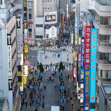 Statue de la tête de Godzilla (Kabukicho, Shinjuku à Tokyo), vue sur la rue Kabukicho Central Road depuis le Café Terrace Bonjour de l'hôtel Gracery 2