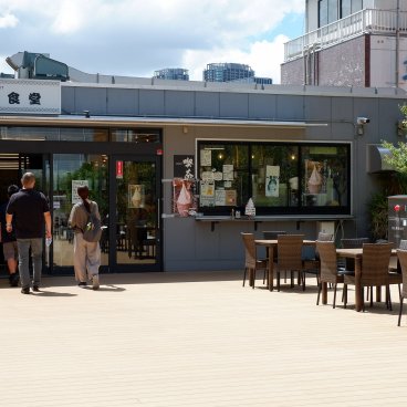 Marché extérieur de Tsukiji (Tokyo), toit-terrasse du Tsukiji Uogashi avec accès à l'aire de restauration