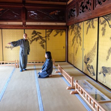 Daijo-ji (Kasumi, Hyogo), peinture sur fusuma "Paons sous un pin" de Maruyama Okyo 2