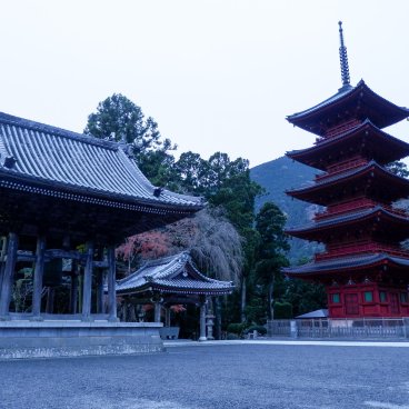 Kuon-ji (Minobu), vue sur le pavillon Shoro et la pagode de 5 étages au petit matin