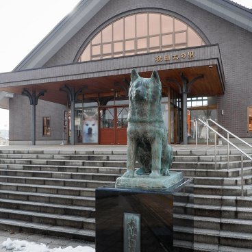 Akita-inu no Sato (Odate), statue du chien devant le batiment