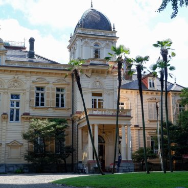 Kyu Iwasaki-tei Teien (Tokyo), vue sur la résidence occidentale et palmiers