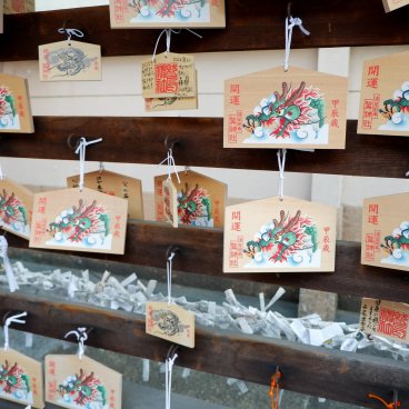 Asakusa Otori-jinja (Tokyo), plaquettes votives Ema à l'effigie du dragon pour l'année 2024