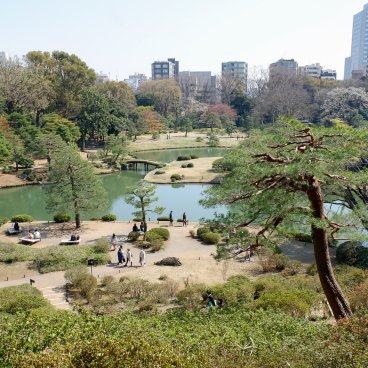 Rikugi-en (Tokyo), point de vue Fujishiro-toge sur le plan d'eau central du jardin au début du printemps