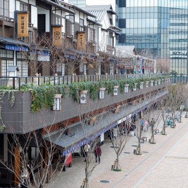 Toyosu Senkyaku Banrai (Tokyo), vue sur l'architecture traditionnelle du complexe depuis la rue 2