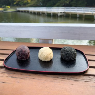 Hama Rikyu (Tokyo), dégustation de 3 mochi Ohagi à l'azuki, kinako et sésame