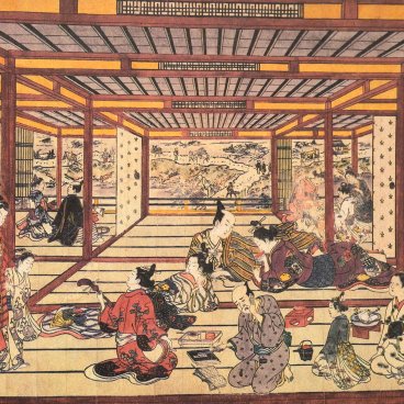 Kyoto, représentation d'une scène de la vie heureuse dans une maison de thé (artiste d'ukiyo-e Nishimura Shigenaga, 1745)