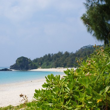 Zamami (Okinawa), Vue sur la plage de sable blanc et végétation tropicale