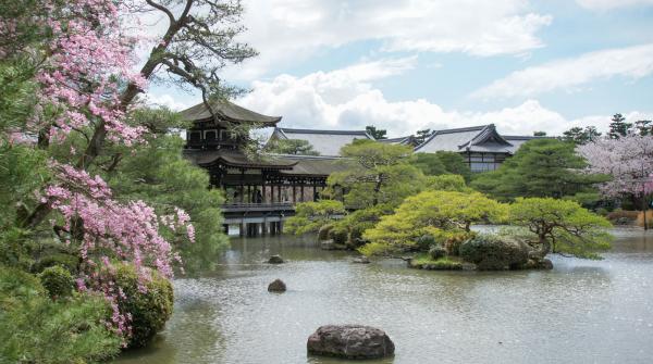 Heian-jingu (Kyoto), vue sur le jardin et les pavillons du sanctuaire au printemps