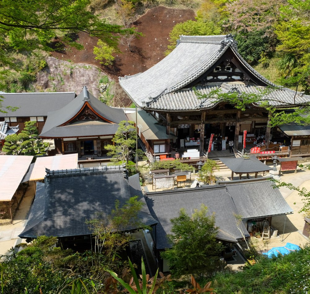Oka-dera (Asuka), enceinte du temple au printemps et tour de la cloche Shoro-do